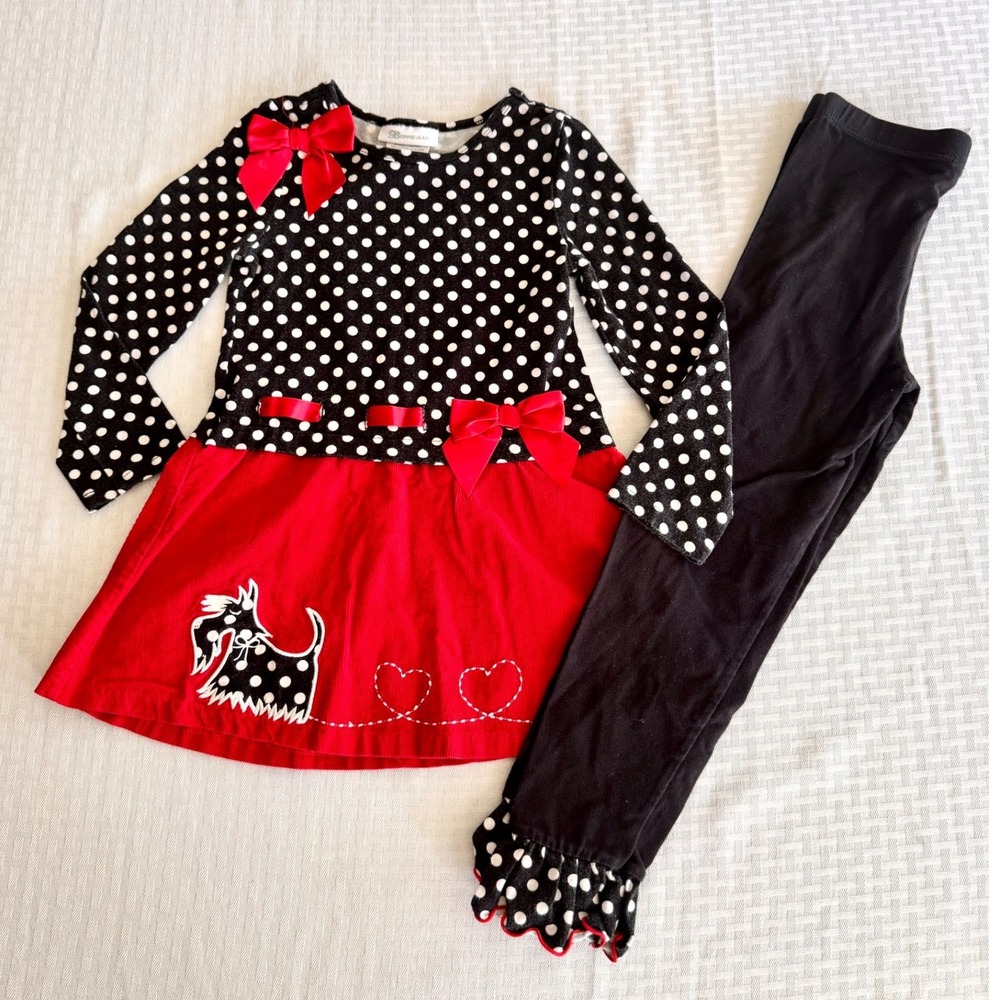 Bonnie Jean Girls Scottie Dog Polka Dot Corduroy Dress Leggings Set Red Black 6